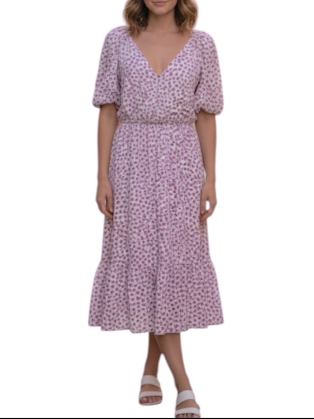 Sienna Sky Pink Lavender Floral Midi Dress Faux Wrap V-Neck Medium Like New